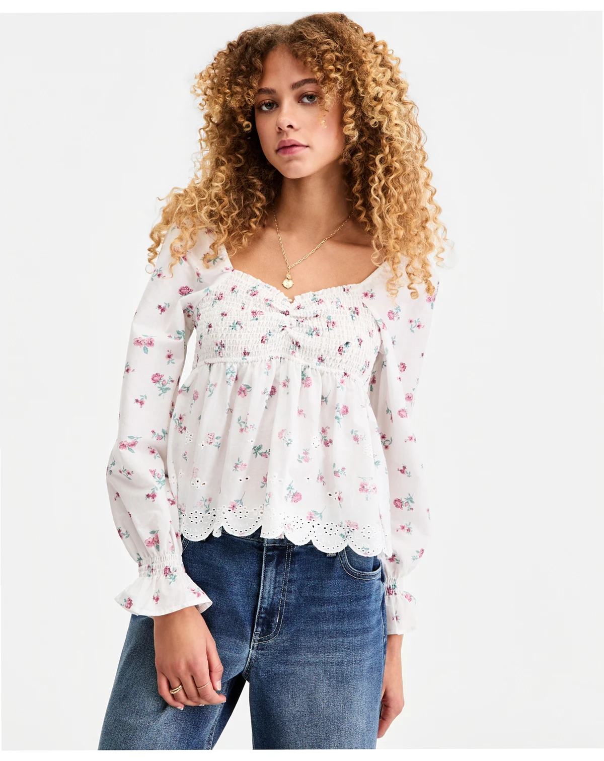 Juniors' Printed Cotton Long-Sleeve Babydoll Top