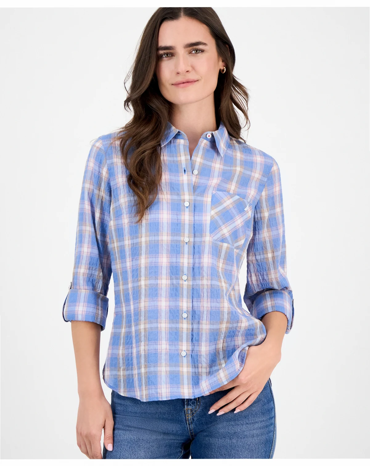 Nautica Women's Cotton Crinkle Plaid Roll-Tab Shirt