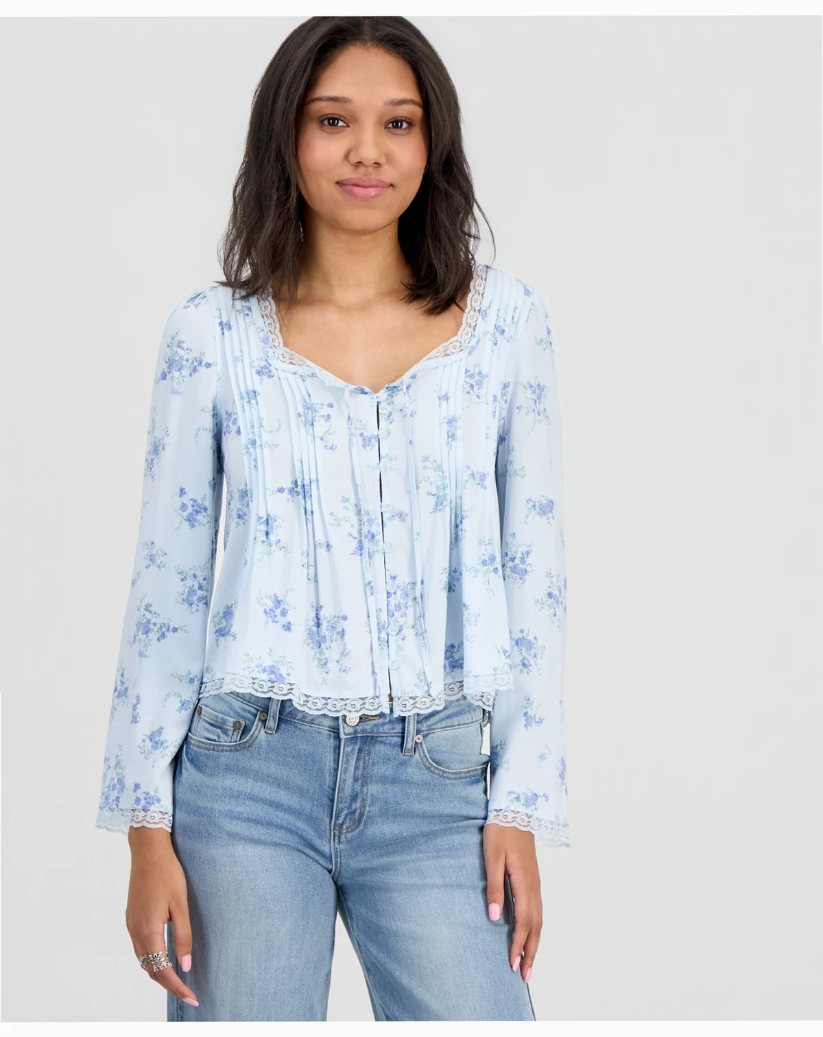 Juniors' Lace-Trim Floral-Print Pintucked Top
