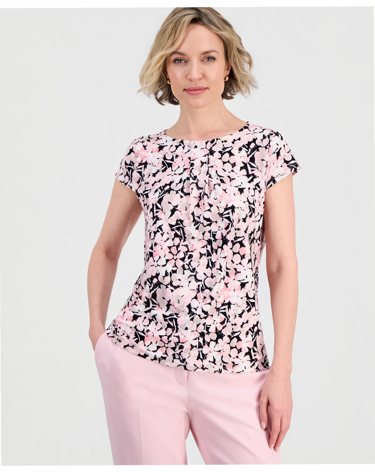 Women's Floral Pleat-Front Cap-Sleeve Top, Regular and Petites
