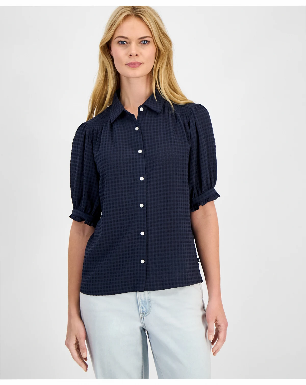 Women's Checked Short-Sleeve Smocked Blouse