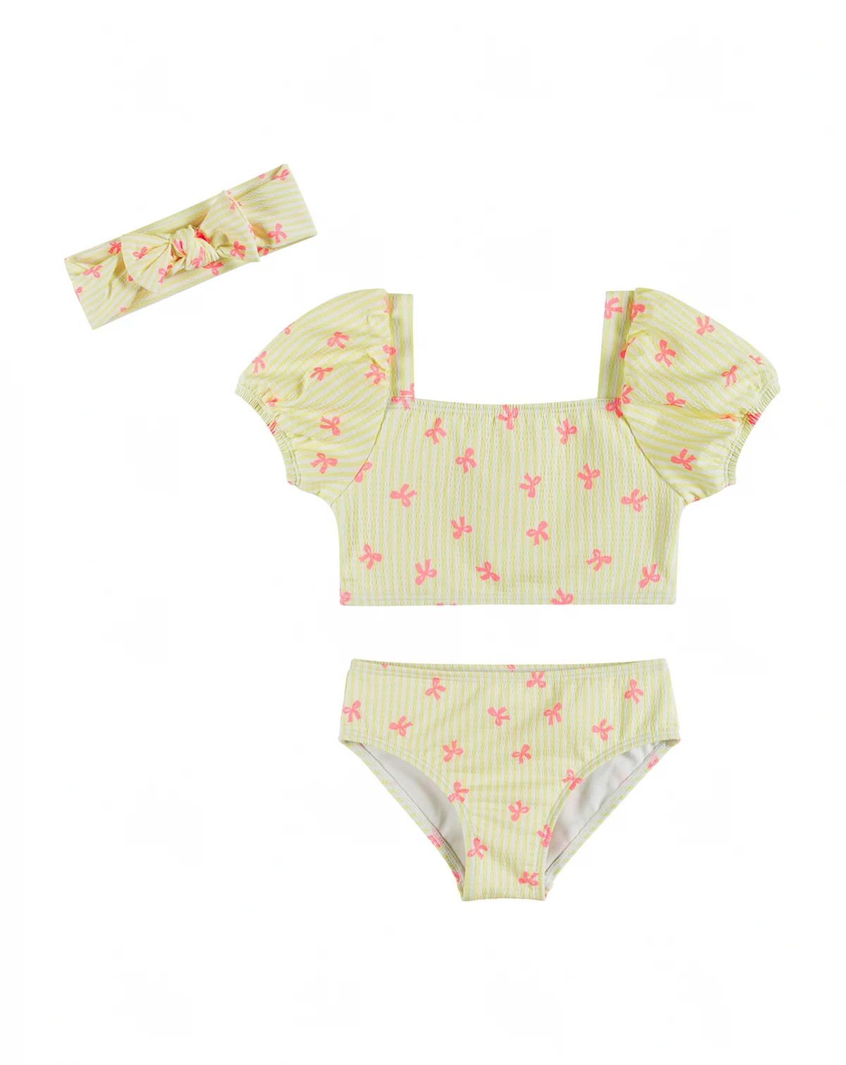 Girls' 2T-5 Puff Sleeve Top, Bikini Bottom, & Matching Headband, 3-Piece Set