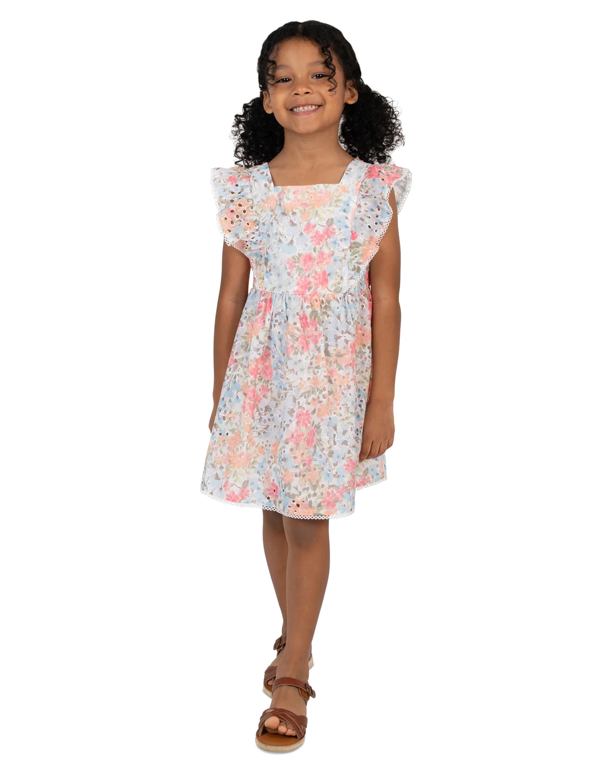 Girls' 2T-6X Printed Eyelet Square Neck Ruffle Dress