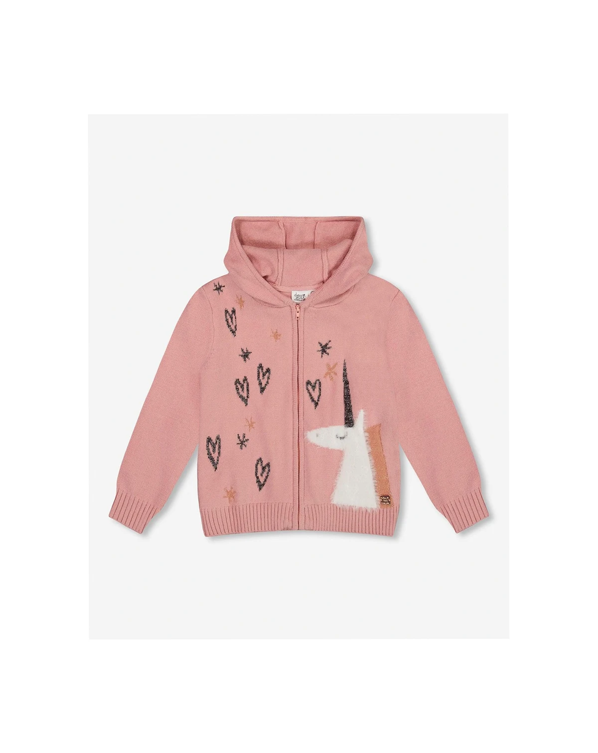 Toddler Girls Hooded Knit Cardigan Dusty Pink with Unicorn Intarsia - Toddler|Child