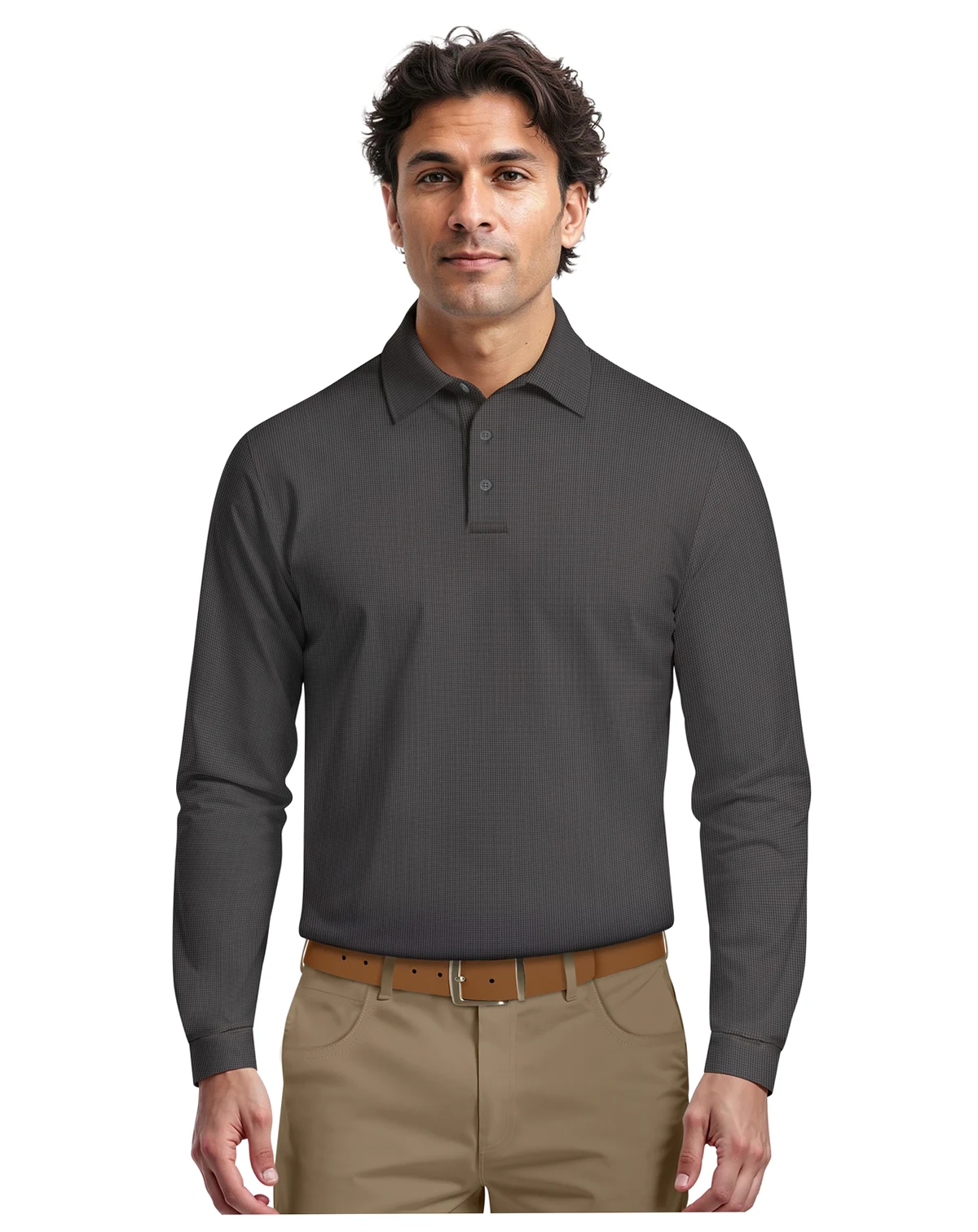 Men's Houndstooth Pattern Long-Sleeve Golf Polo Shirt