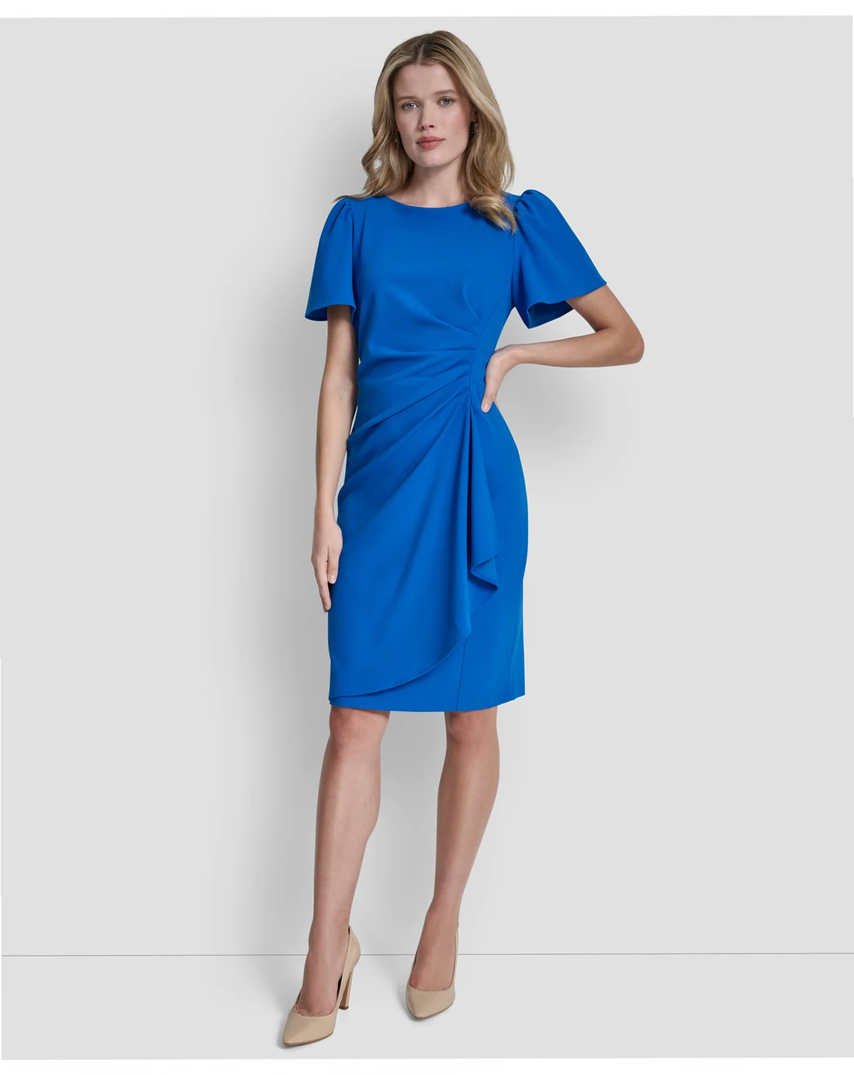 Women's Short-Sleeve Scuba Crepe Ruched Sheath Dress