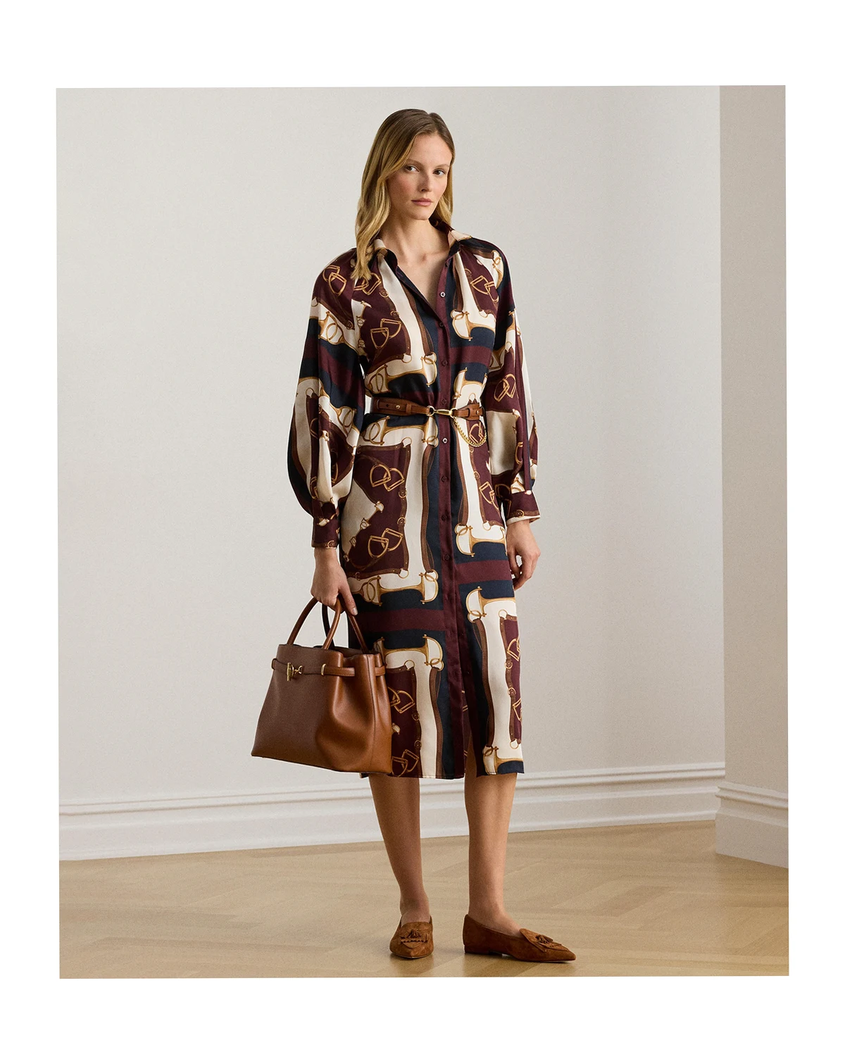 Women's Equestrian-Print Twill Midi Shirt Dress