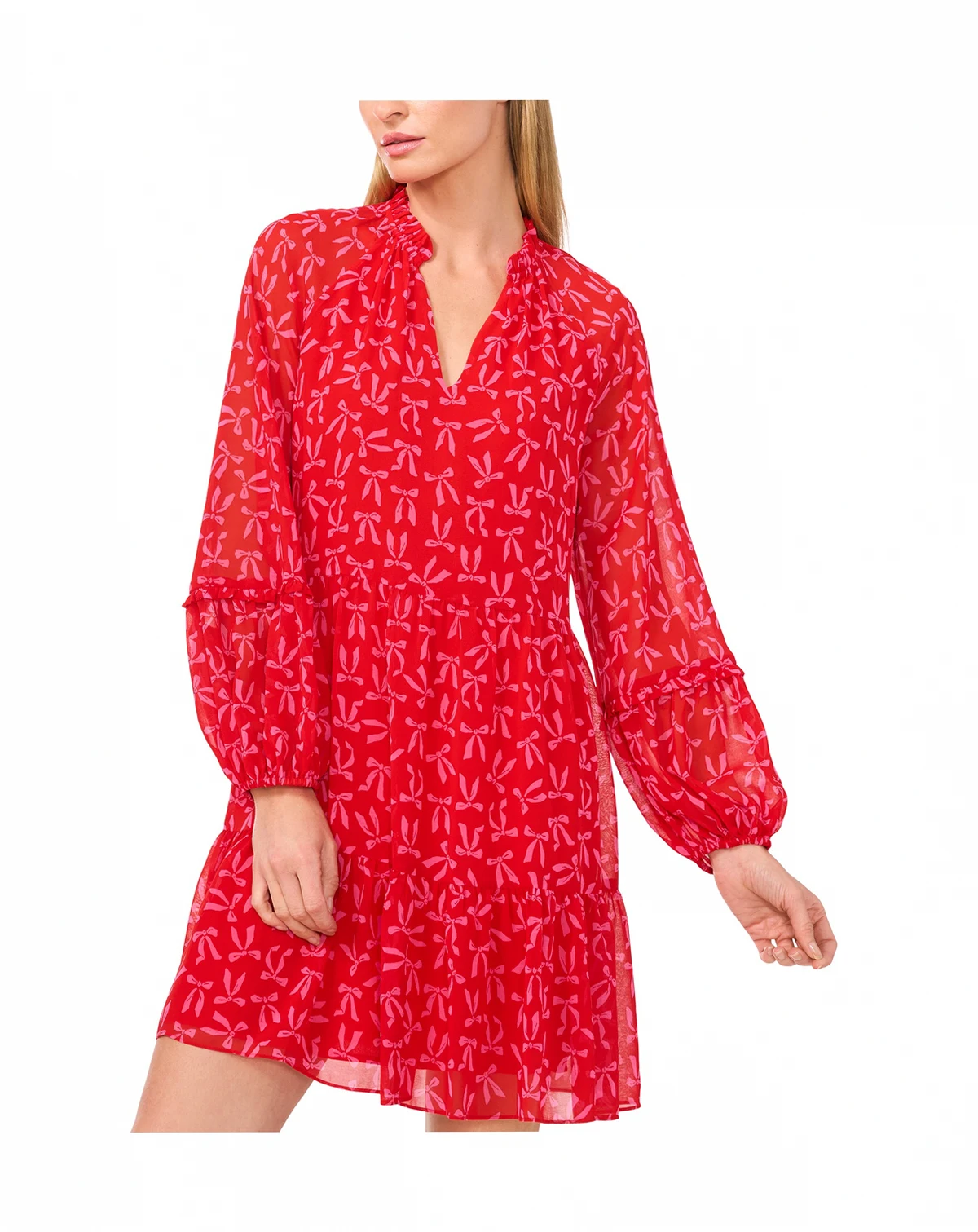 Women's Bow-Print Babydoll Long-Sleeve Dress