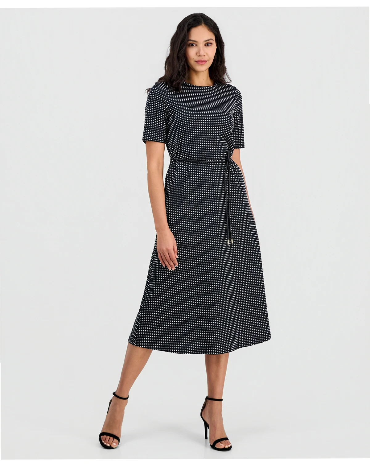 Women's Elbow-Sleeve Tie-Waist Midi Dress