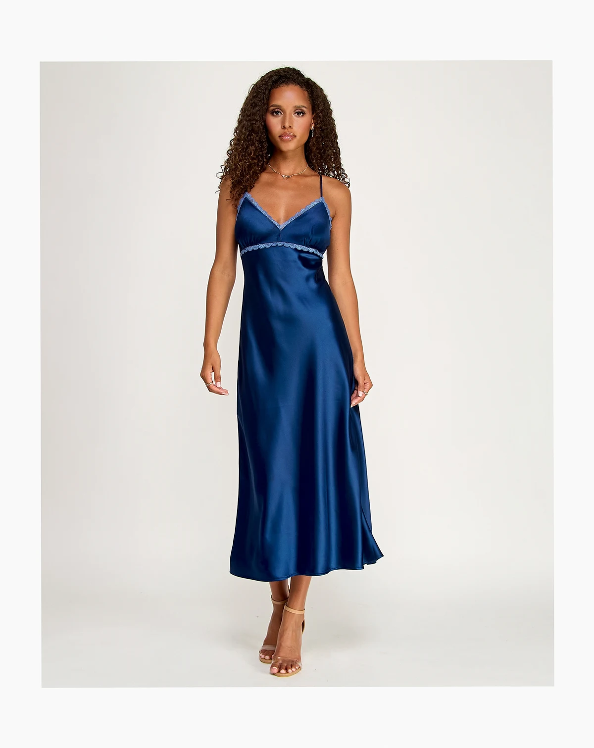 Juniors' Midi Satin Slip Dress with Lace Trim