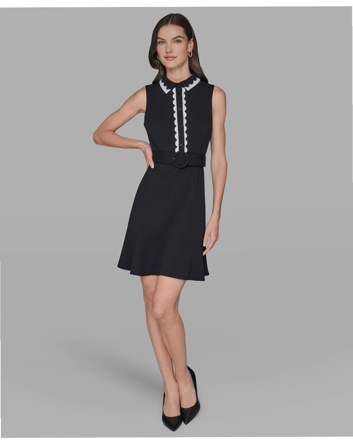 Women's Belted Collared A-Line Dress