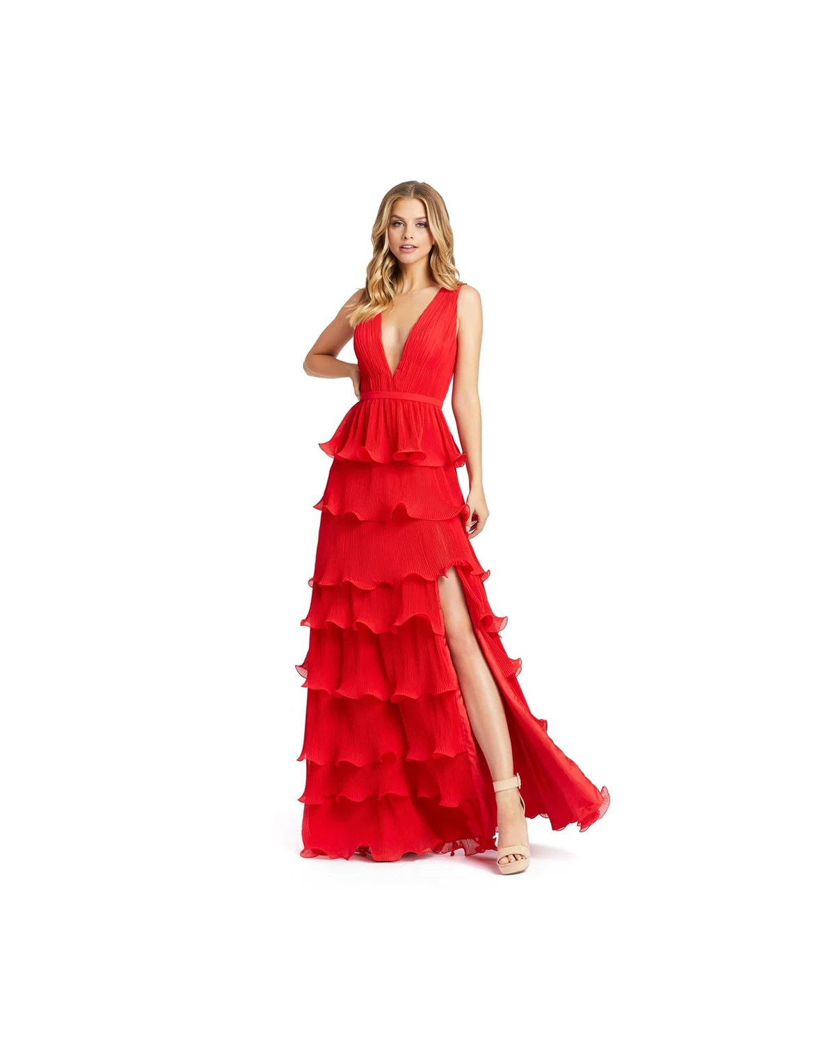 Women's Sleeveless Ruffle Tiered V Neck Gown