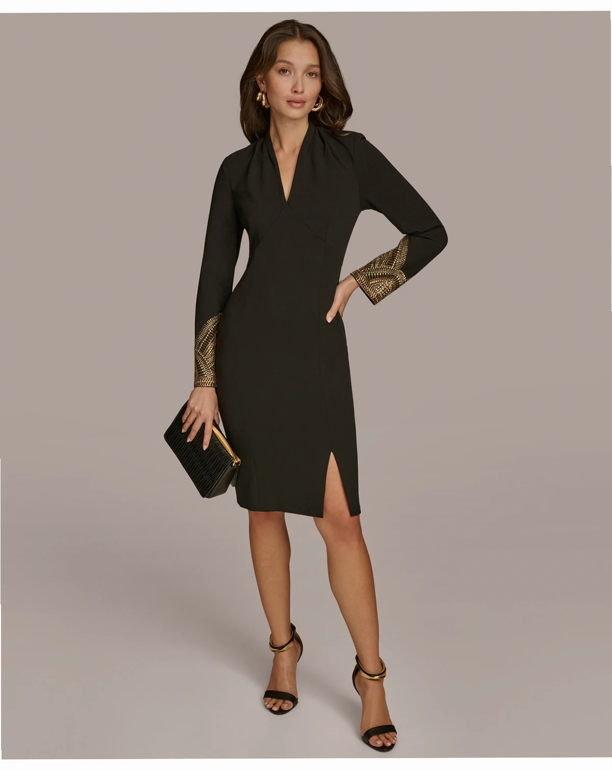 Women's Long-Sleeve V-Neck Hot Fix Sheath Midi Dress