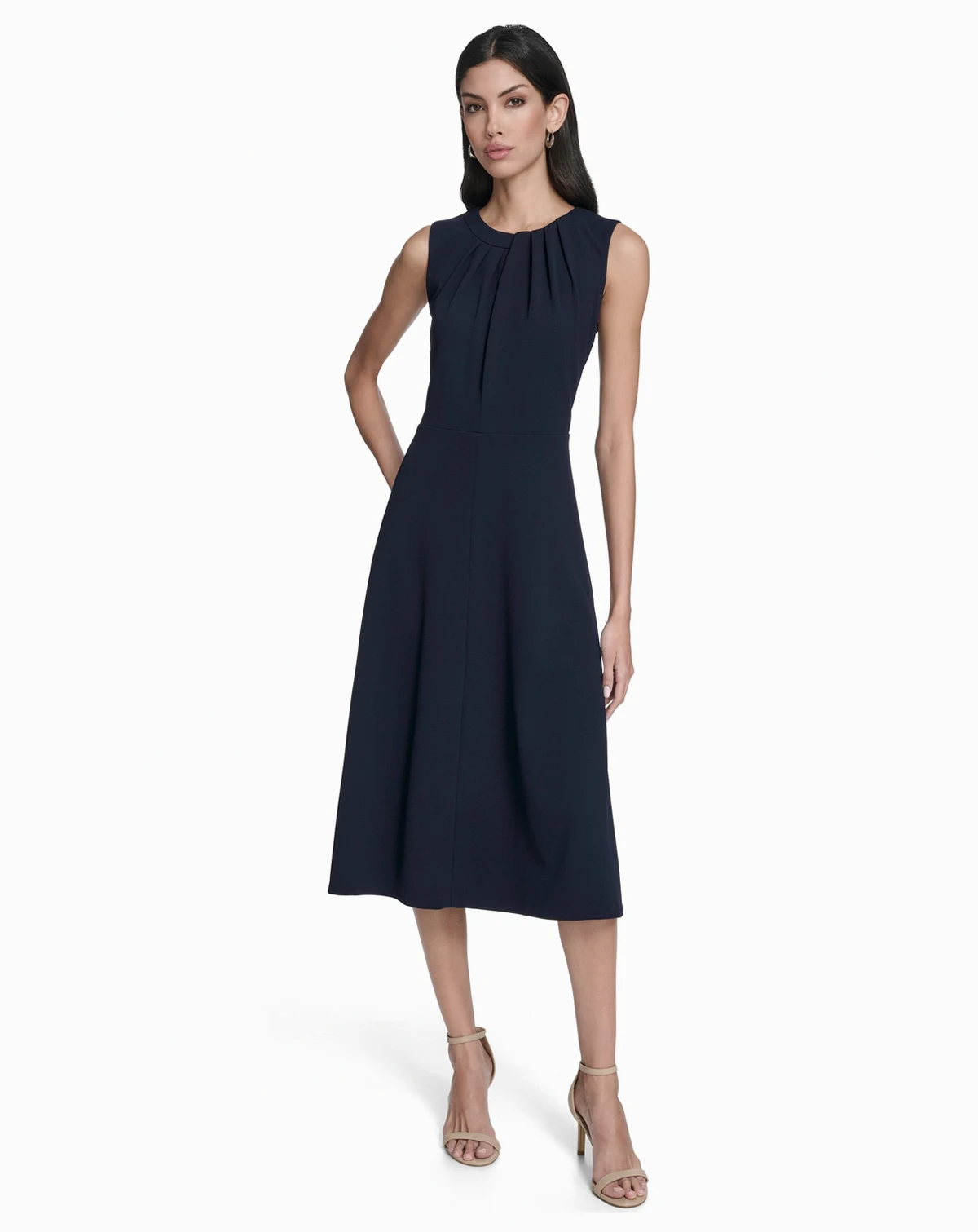 Women's Pleat Detail Crew Neck Midi Dress