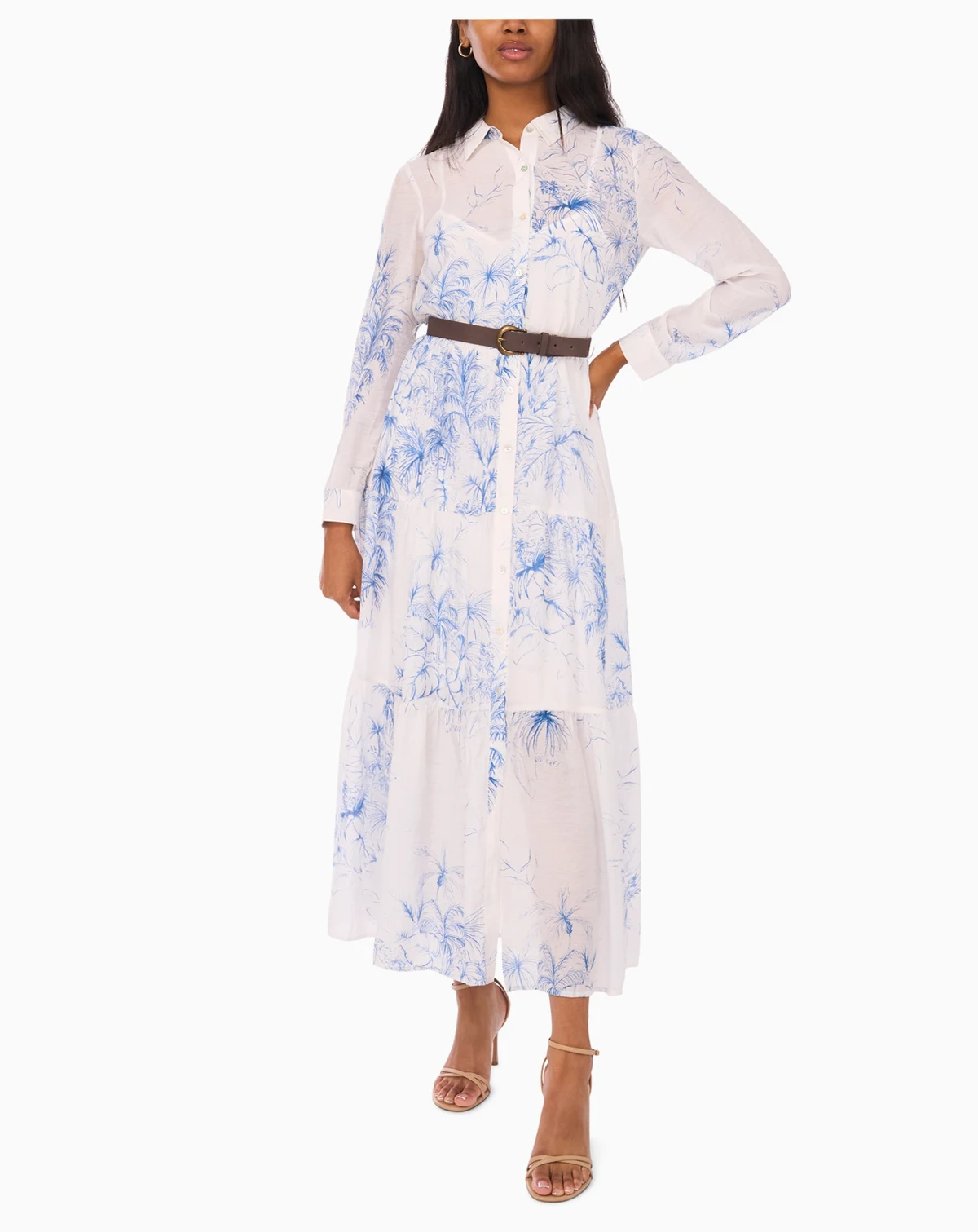 Women's Long-Sleeve Collared Tiered Skirt & Belt Dress