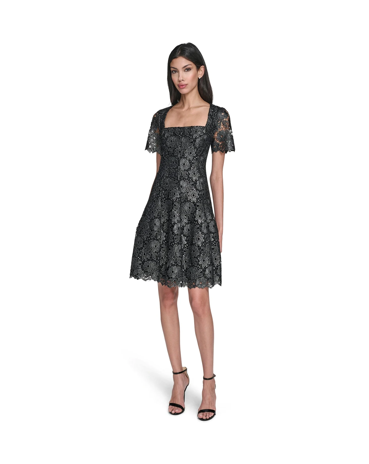 Petite Square Neck Lace Fit and Flare Dress