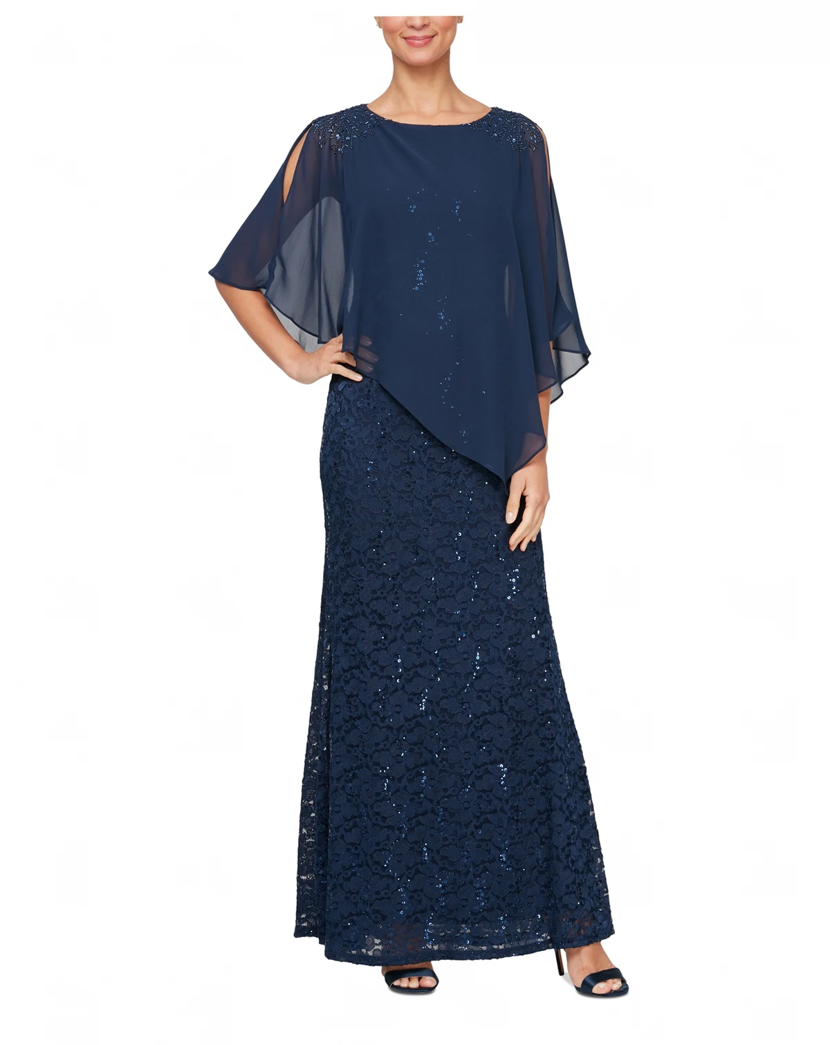 Petite Round-Neck Sequin Lace Cape Dress