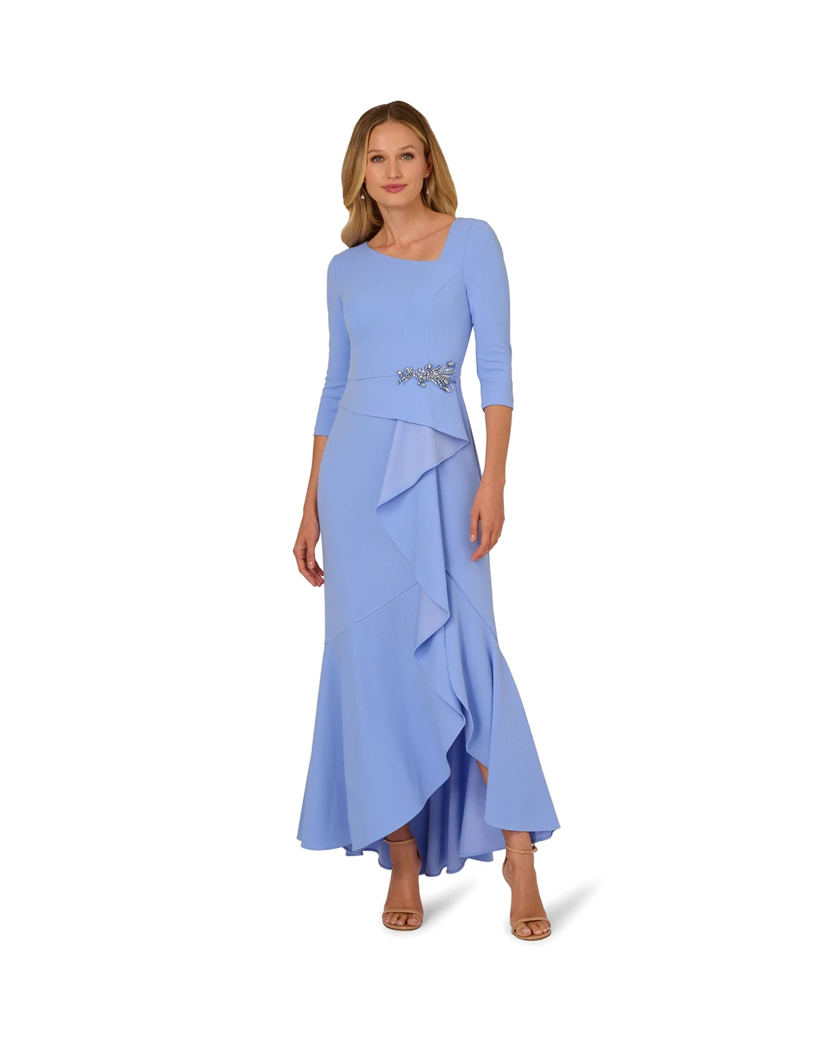 Petite Asymmetrical Beaded Crepe Gown
