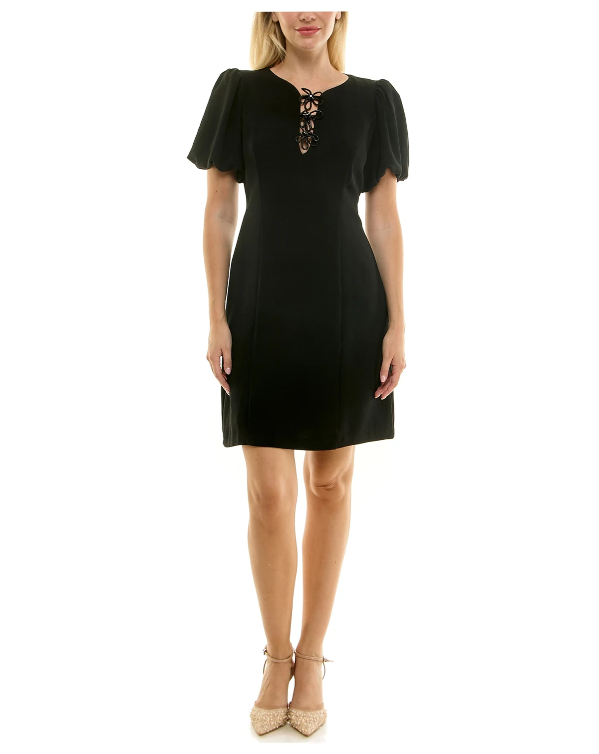 Petite Puff Sleeve Flower Trim Dress