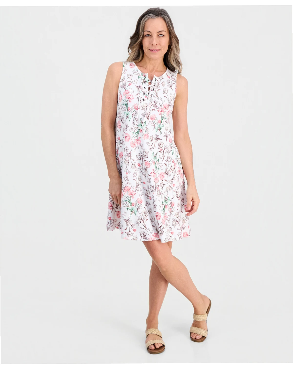 Petite Printed Knit Sleeveless Lace-Up Dress, Macy's Exclusive