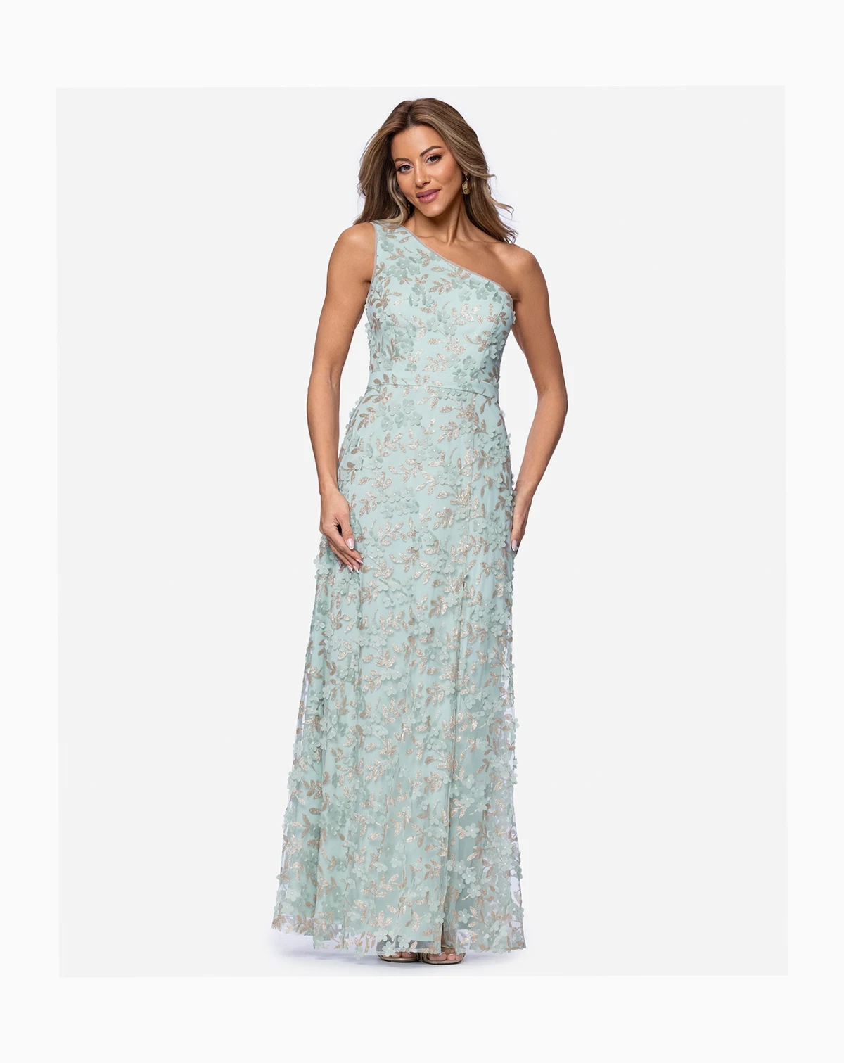 Petite 3D Flower One-Shoulder Ball Gown