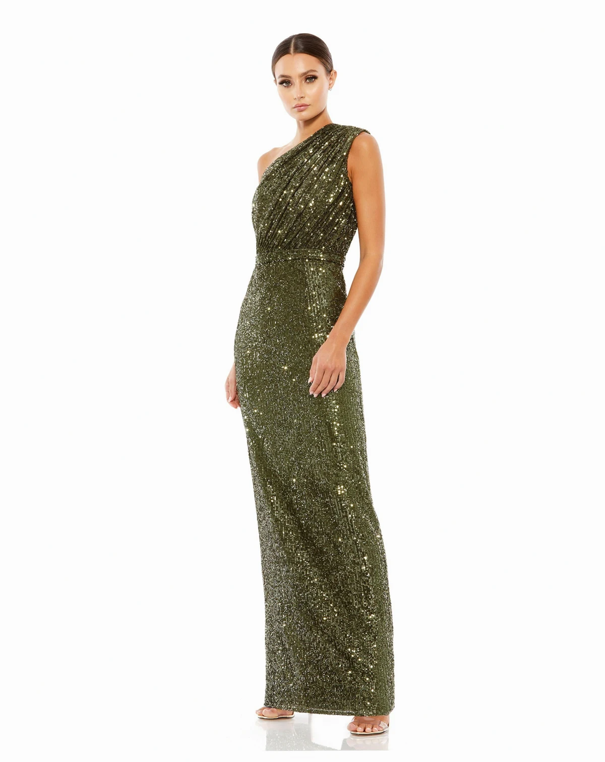 Women's Petite One Shoulder Ruched Sequin Evening Gown