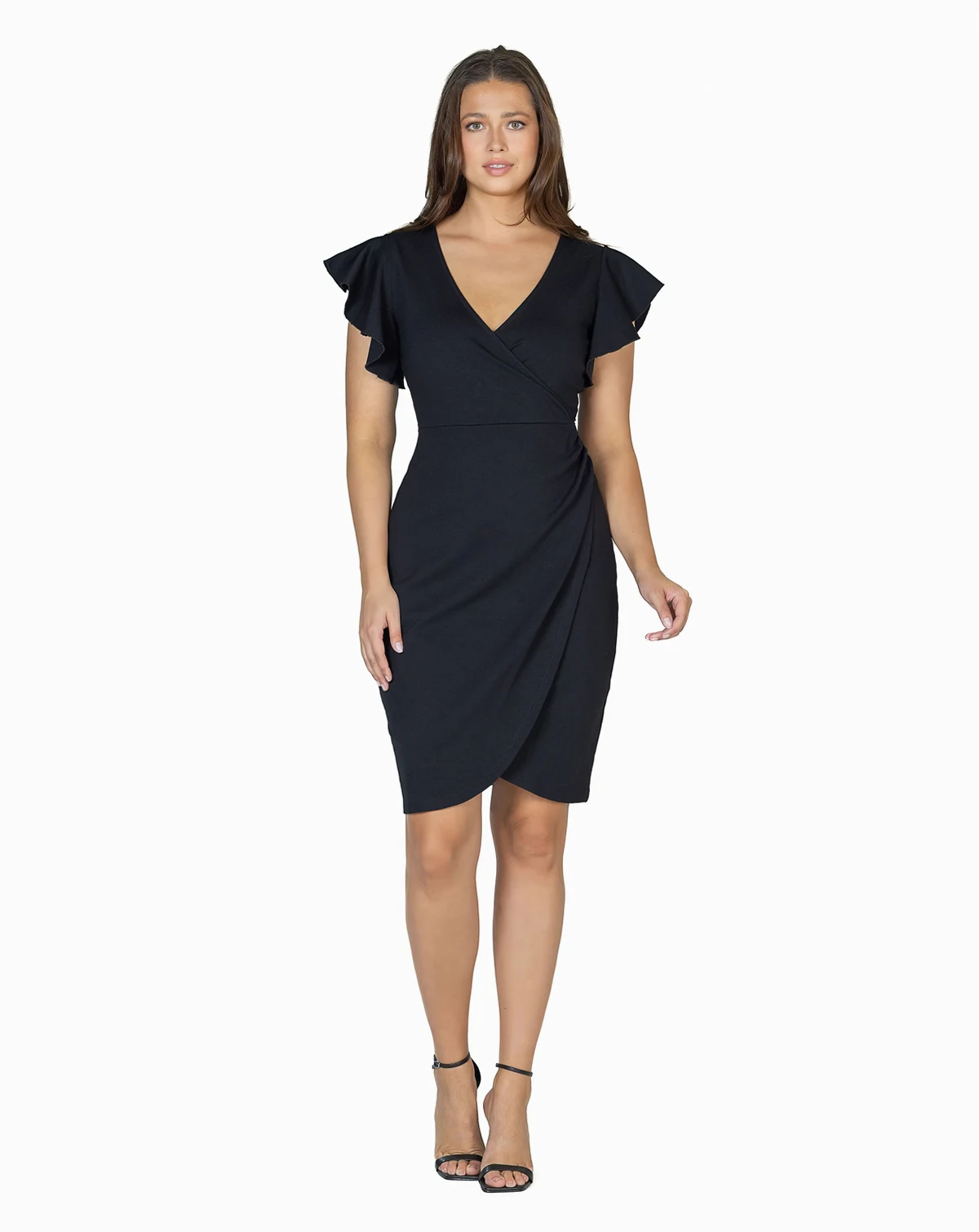 Petite V-Neck Ruffle Sleeve Knee Length Dress
