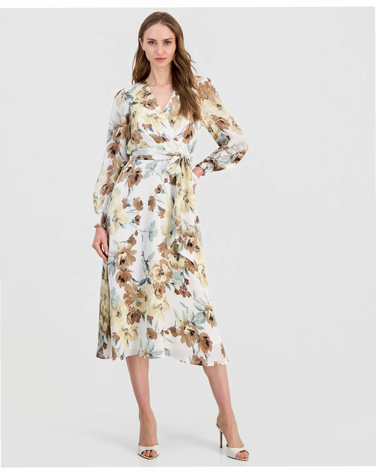 Petite Smocked Cuff-Sleeve V-Neck Midi Dress