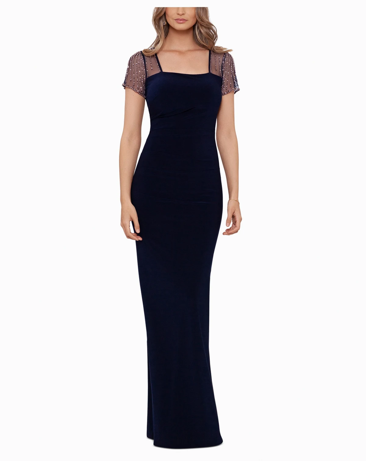 Betsy & Adam Petite Short Sleeve Mesh Gown