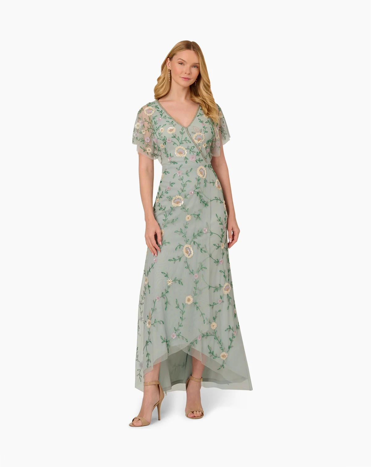 Petite V-Neck Beaded Mesh Gown