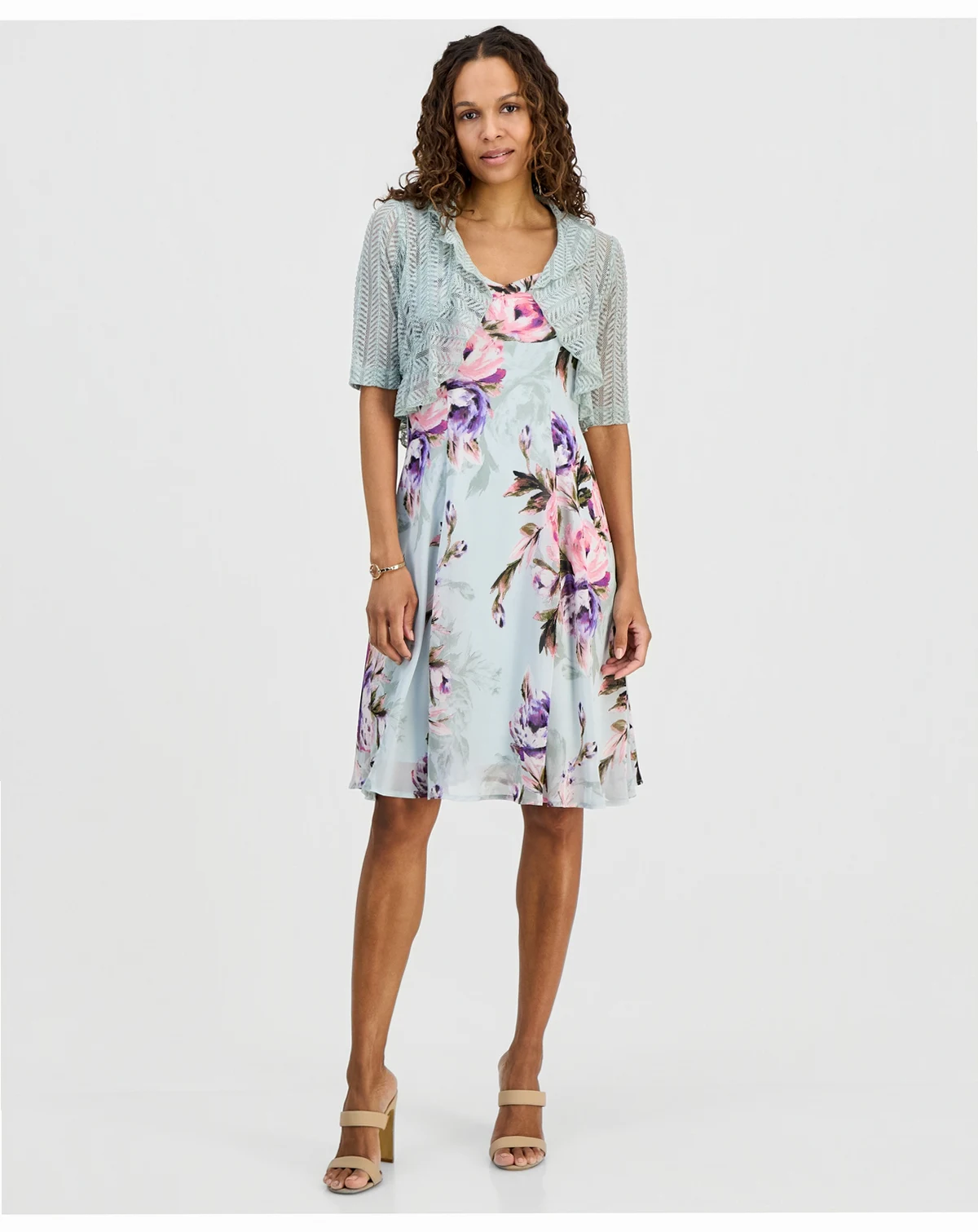 Petite 2-Pc. Floral Chiffon Sleeveless Dress and Ruffle-Front Jacket