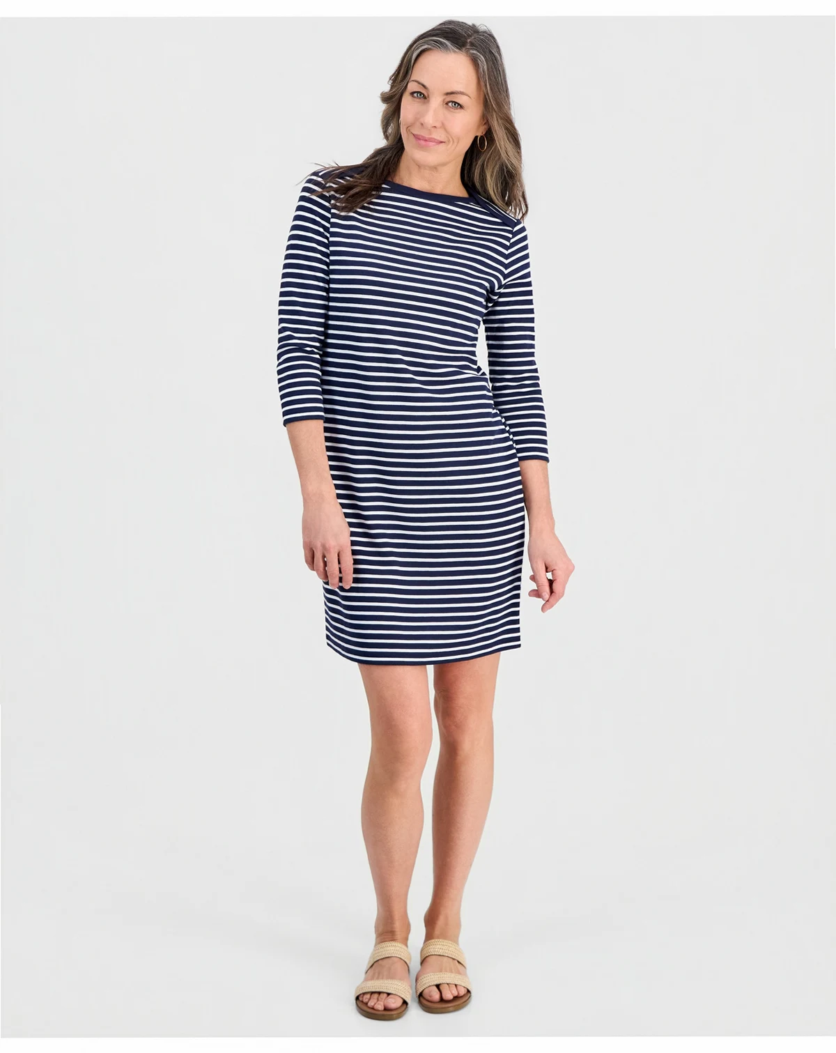Petite Striped Knit Envelope-Neck 3/4-Sleeve Dress, Macy's Exclusive