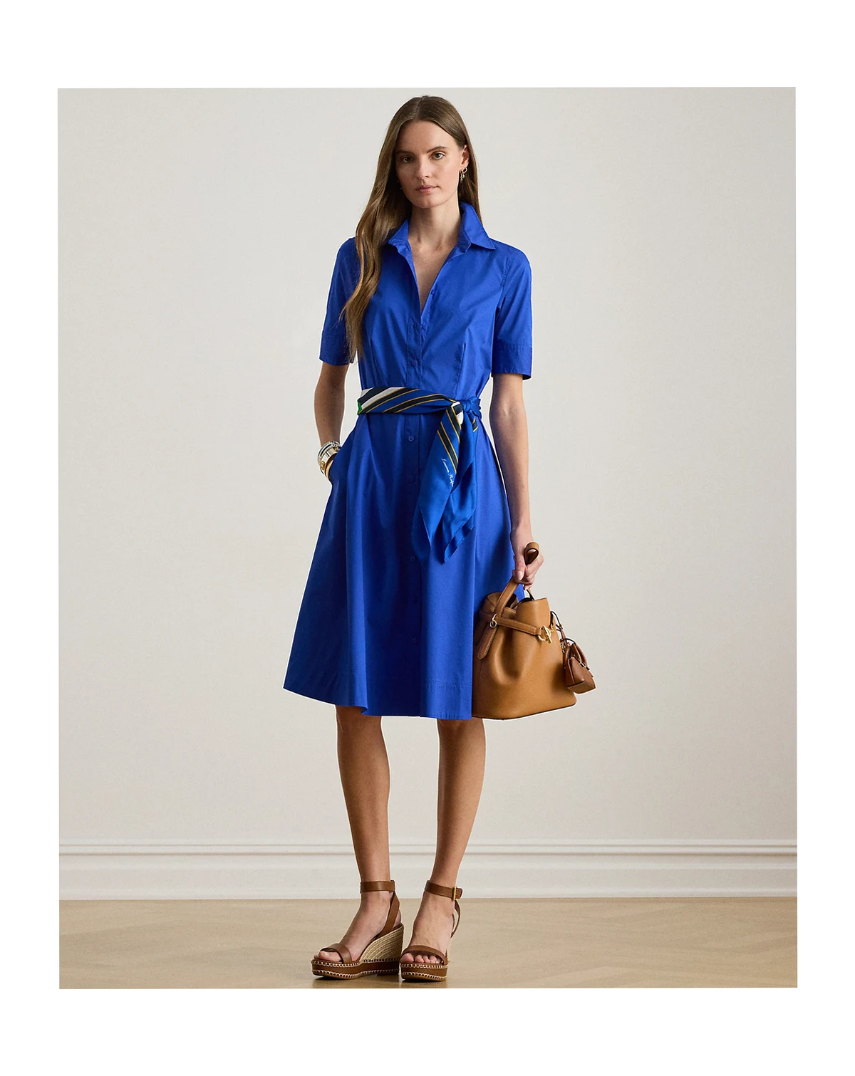 Women's Petite Belted Point Collar Shirt Dress