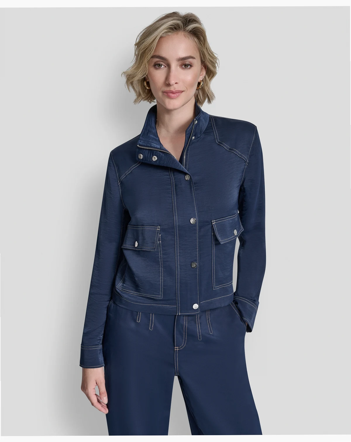 Women's Top Stitch Glazed High Mock Neck Dressing Jacket