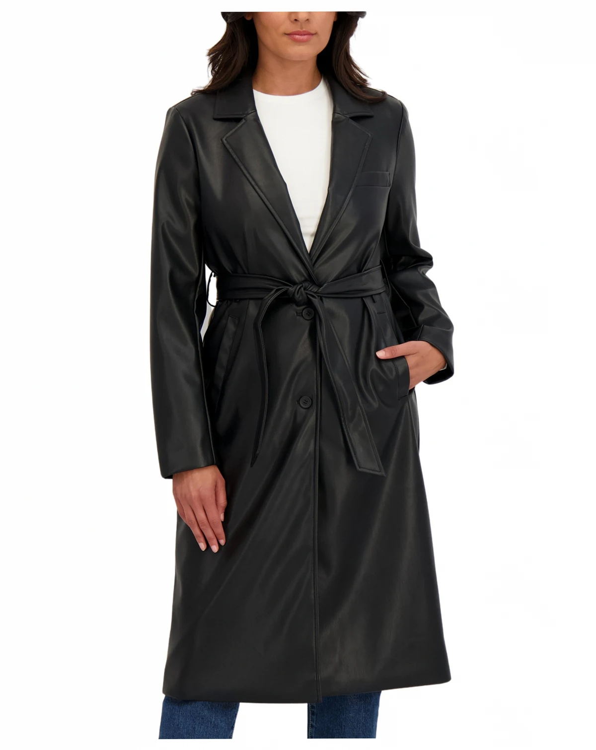 Collection Women's Belted Snap Front Faux Leather Long Trench Coat