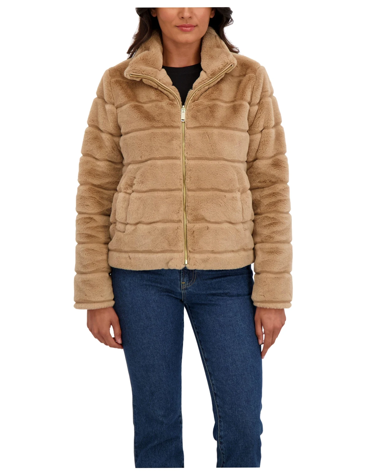 Women's Grooved Short Faux Fur Jacket