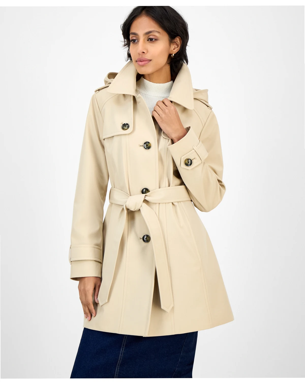 Women's Hooded Belted Zip-Front Raincoat