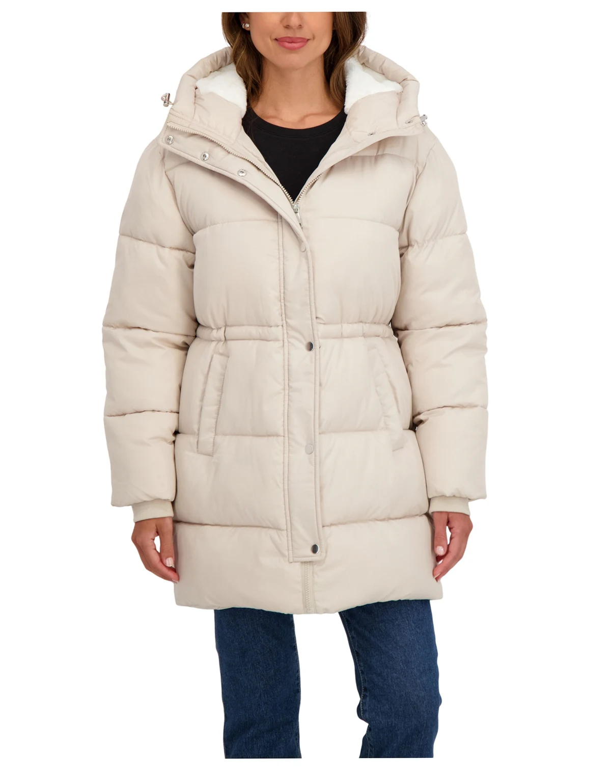 Women's 3/4 Cozy Lined Hooded Puffer Coat With Drawstring Waist