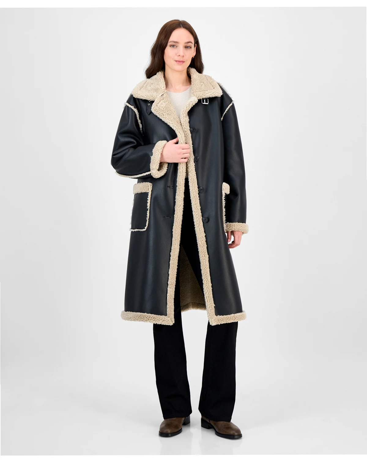 Juniors' Long Faux-Shearling-Trimmed Coat