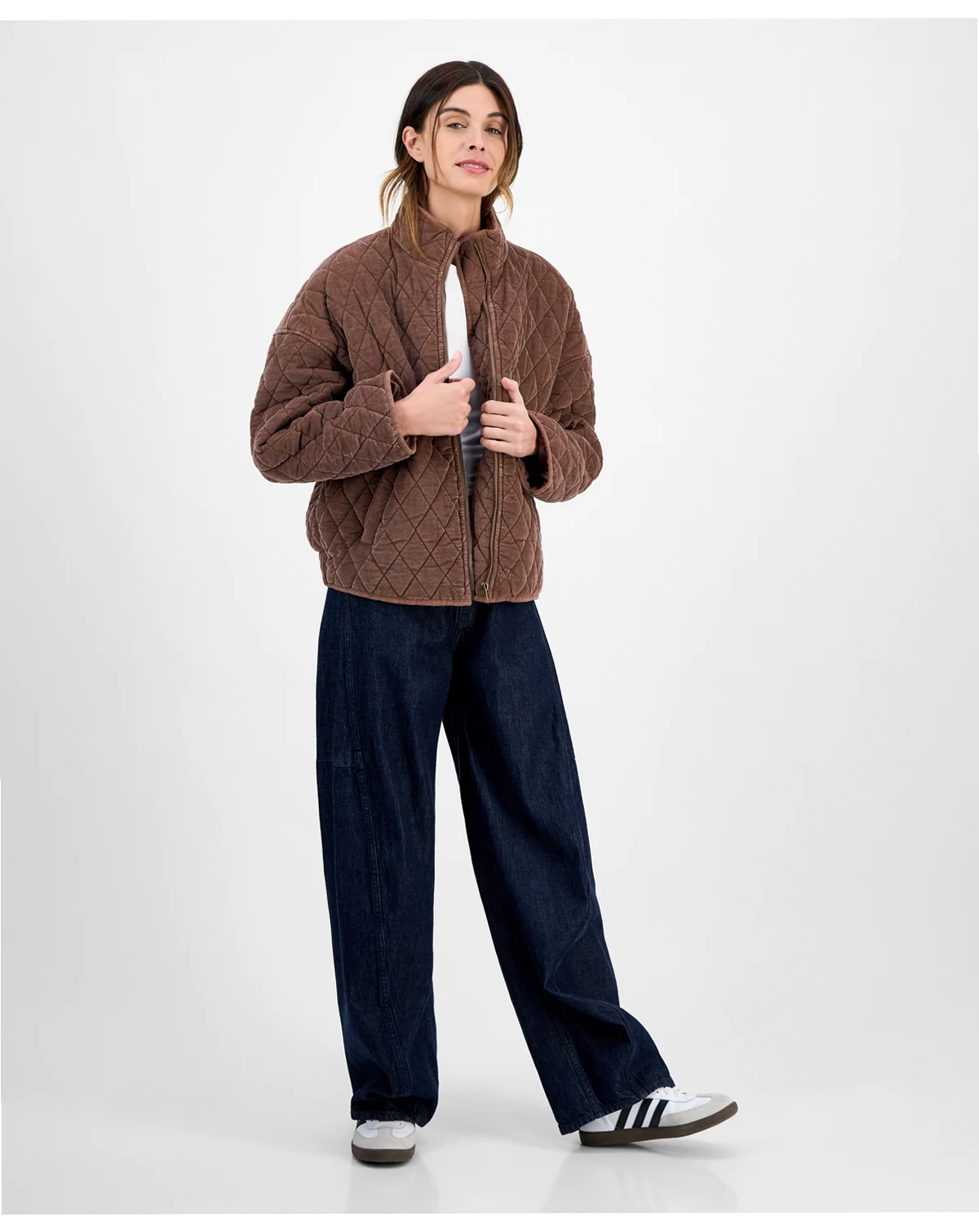Juniors' Quilted Corduroy Zip-Front Coat