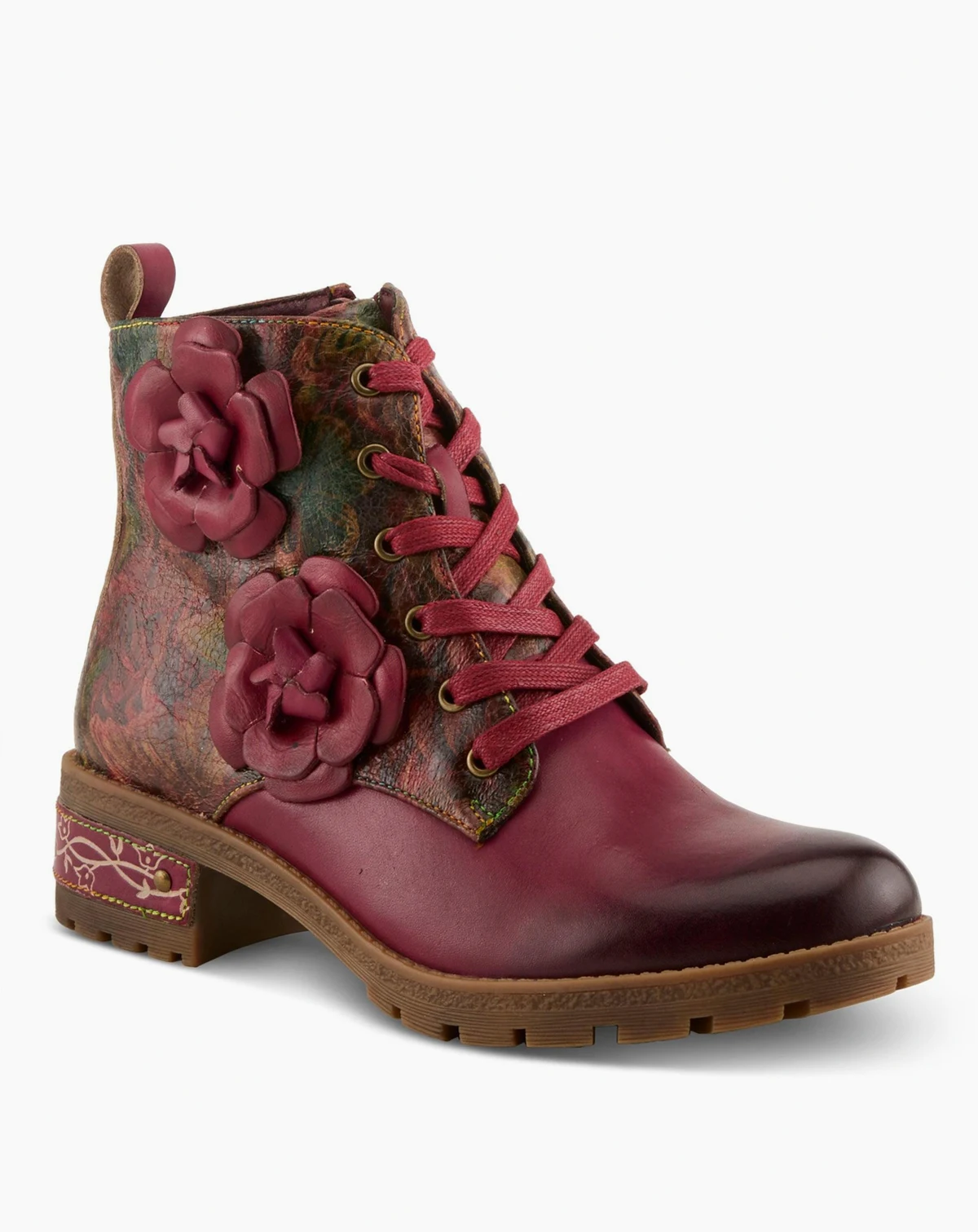L’Artiste Women’s MARTINELA Floral Appliqué Leather Boot with Rainbow Stitching and Lace-Up Detail