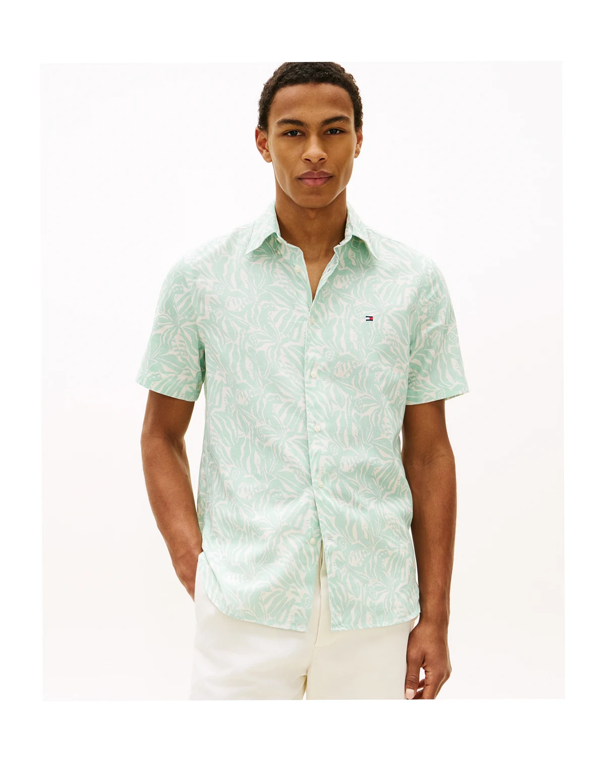 Men's Short-Sleeve Linen-Blend Printed Shirt