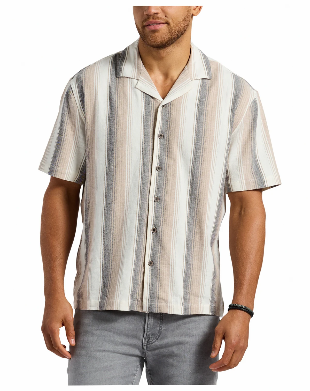 Men's Short Sleeve Striped Button Up Camp Shirt