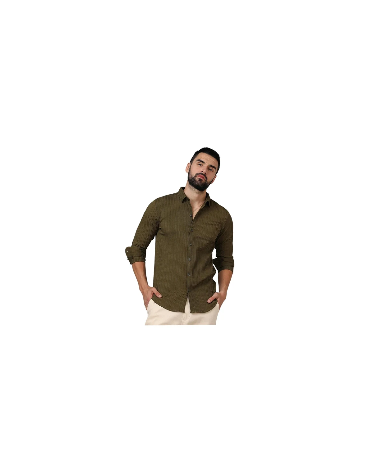 Men's Olive Green Self-Design Striped Shirt