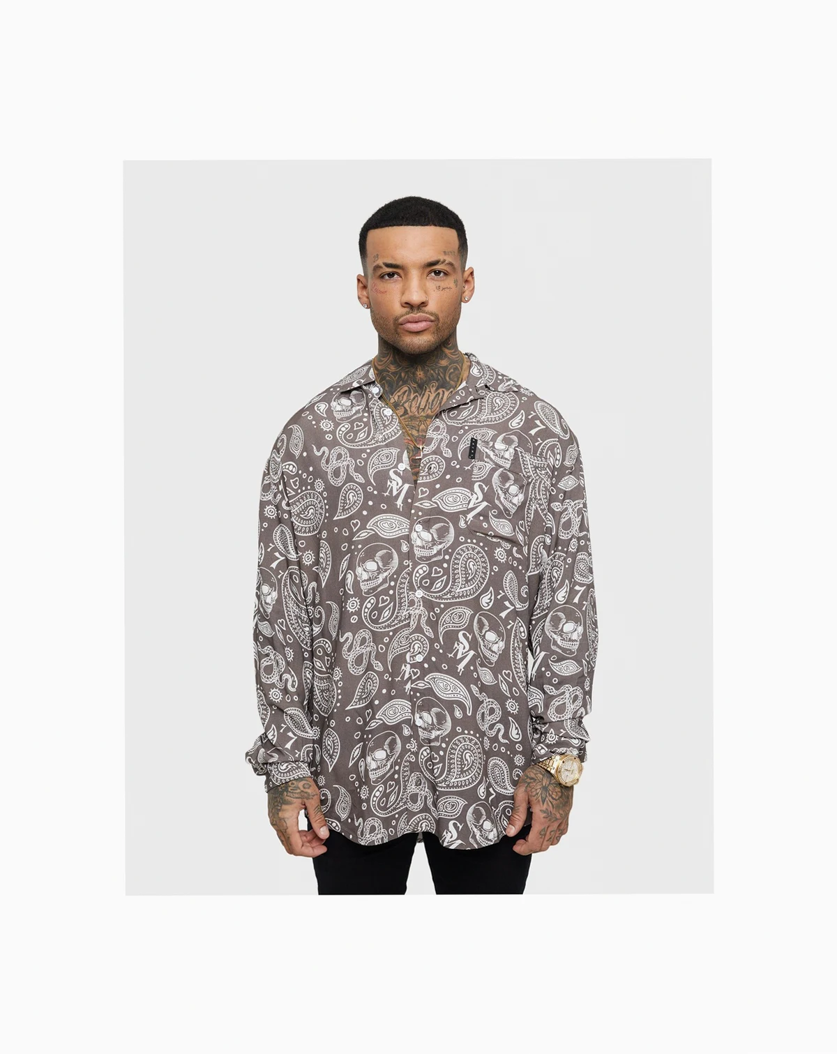 Men's Paisley Skulls Long Sleeve Button Up Shirt