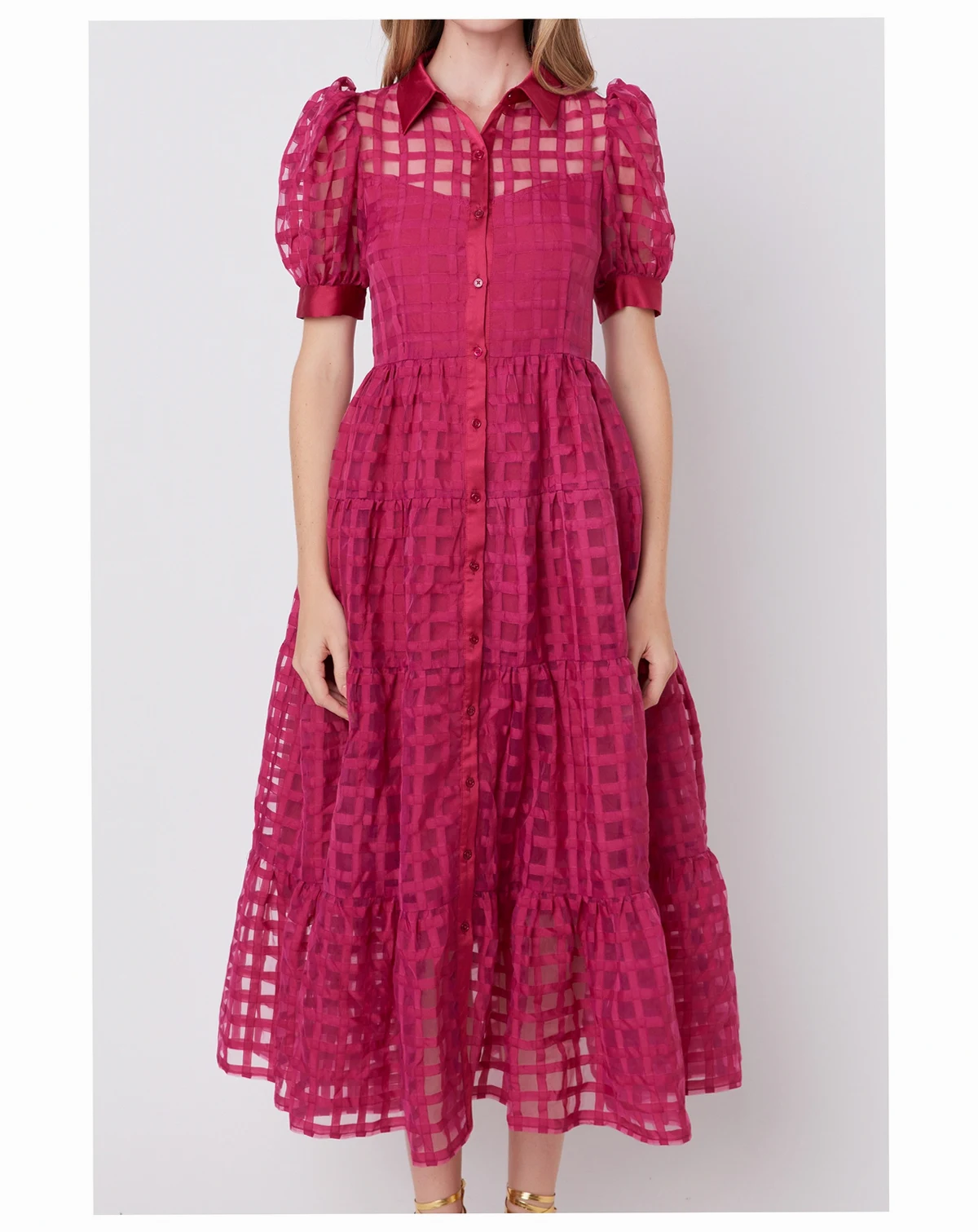 Women's Gridded Organza Tiered Maxi Dress