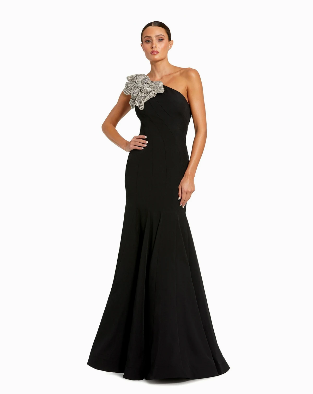 Petite Crepe One Shoulder Gown With Flower Detail