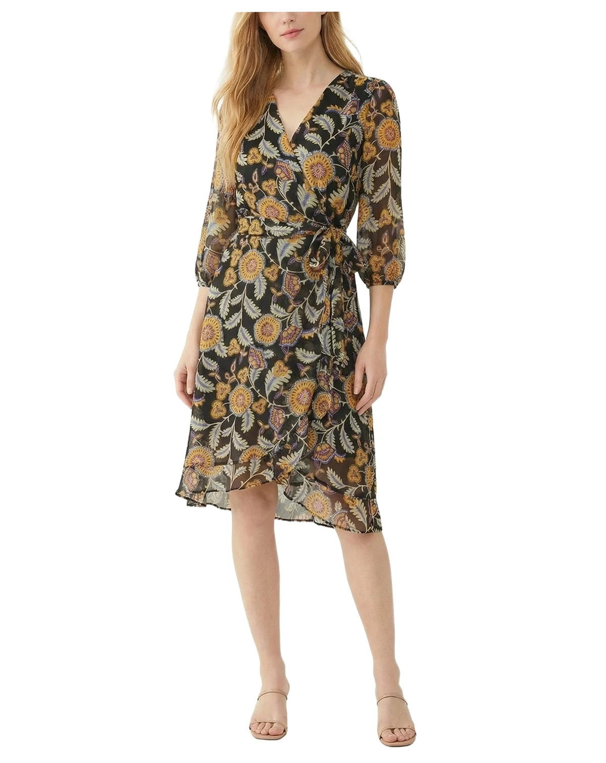 Petite 3/4-Sleeve V-Neck Belted Chiffon Dress