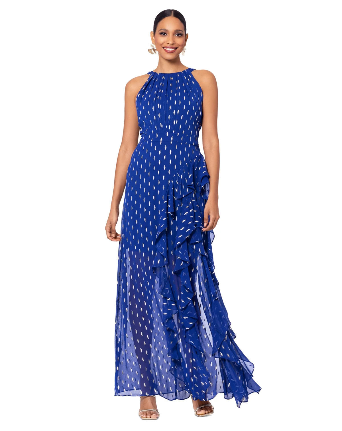 Petite Printed Ruffled Halter Gown