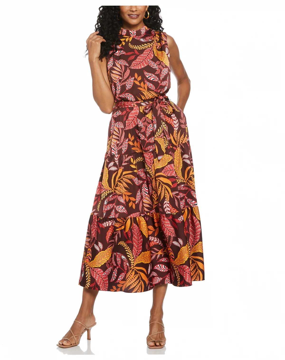 Petite Leaf Print Belted Sleeveless Dress